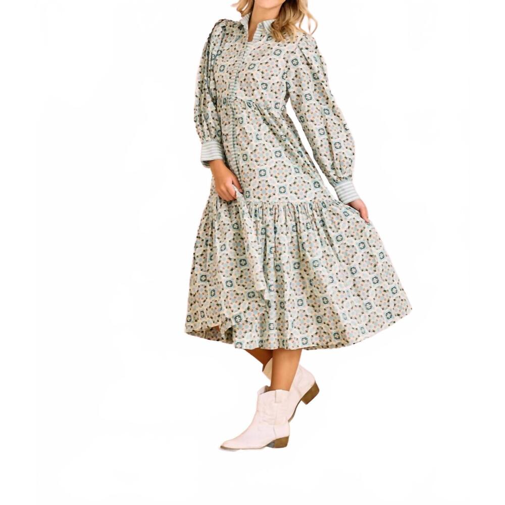 NEW BROOKS AVENUE laura long sleeve dress in quatrefoil blue & ivory
